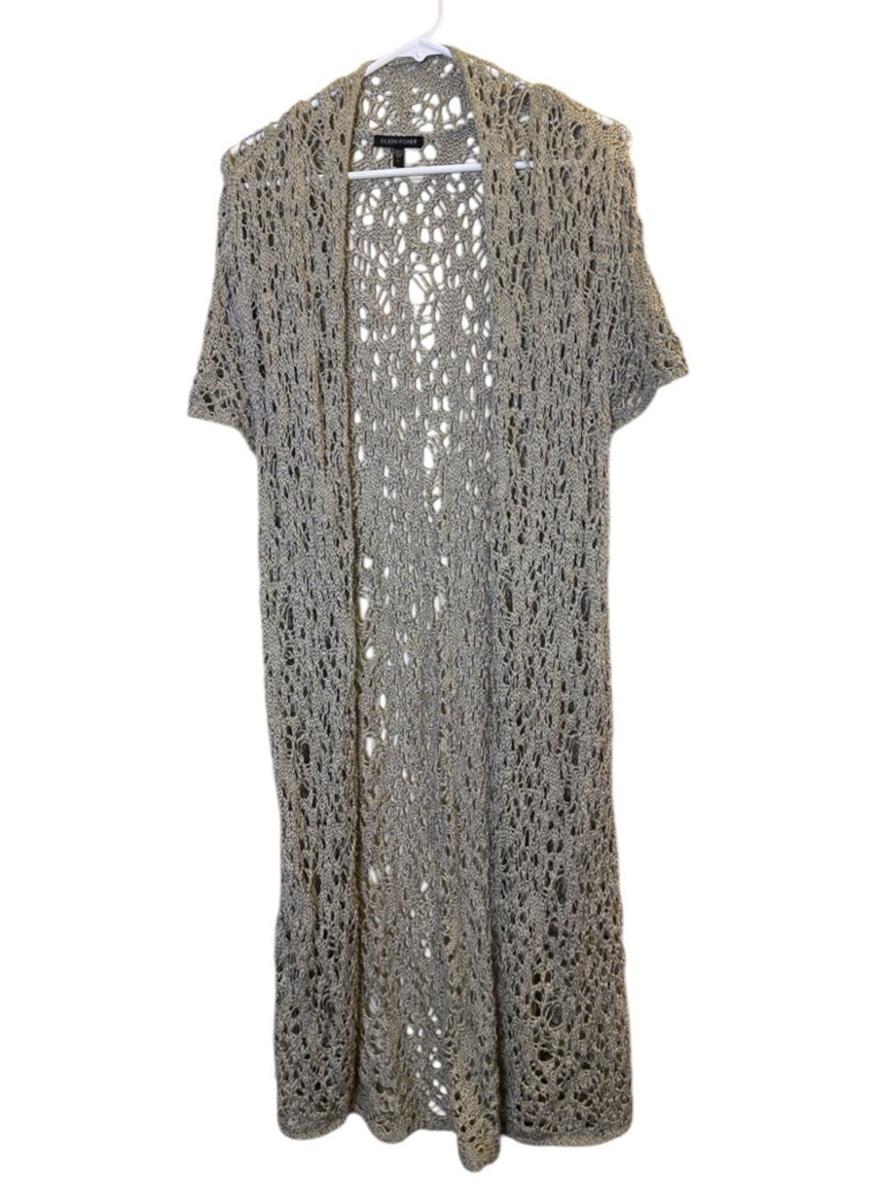 Eileen Fisher Long Crochet Greige Boho Cottagecore Longline Cardigan Sz L